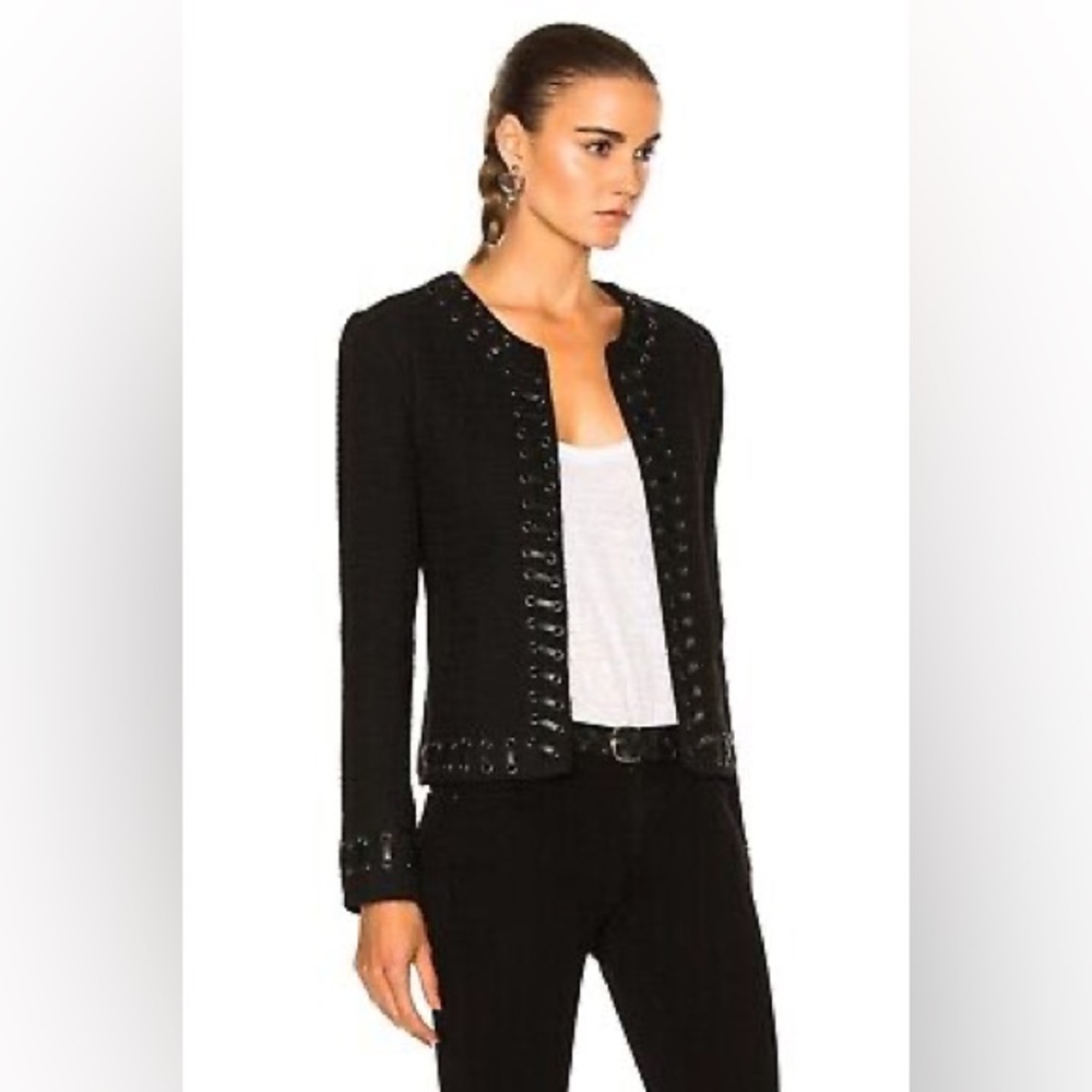 - L’AGENCE Devereaux Whipstitch Tweed Jacket Womens Black Textured Braided